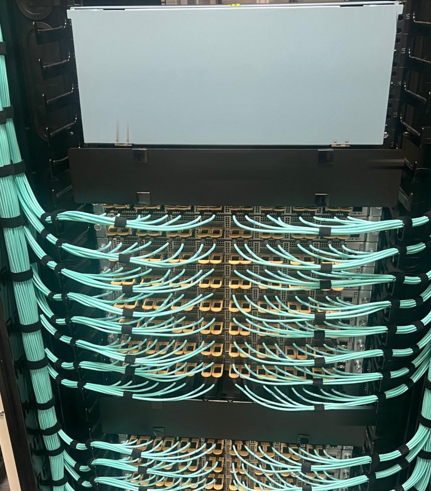 Aqua multimode fibre dressed into a data centre cabinet